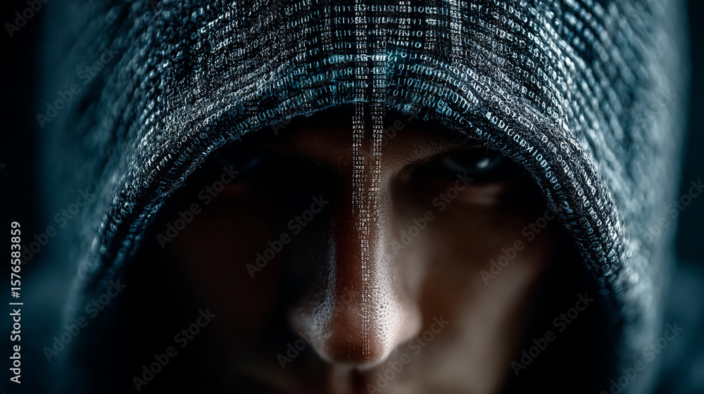 Poster the unseen face of a digital phantom, cloaked in binary code, representing the silent power of techn