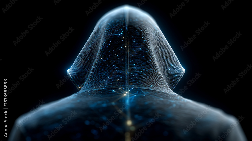Poster an anonymous hooded figure emerges from the shadows, intricately woven with glowing digital data str