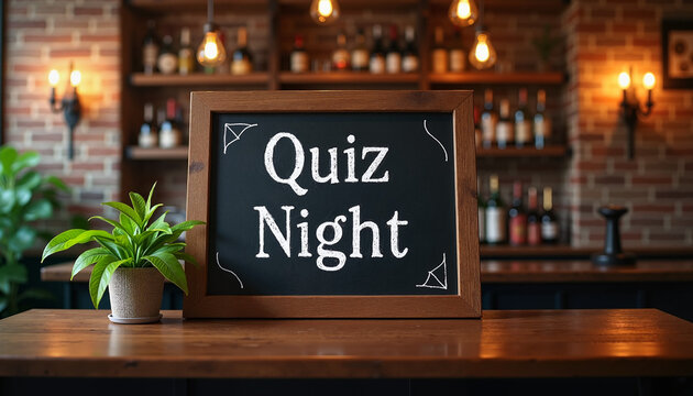 Quiz night sign in a cozy bar setting
