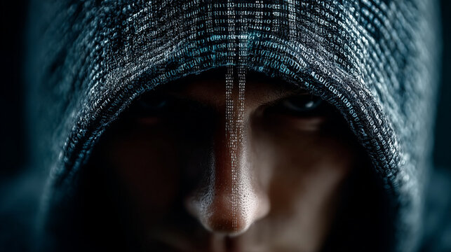 The unseen face of a digital phantom, cloaked in binary code, representing the silent power of technology.