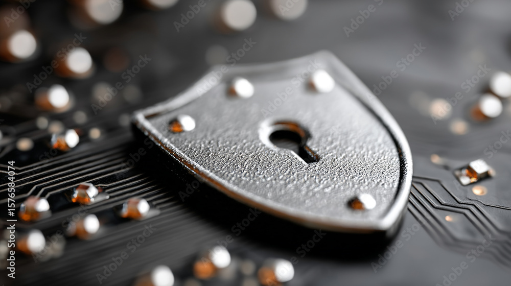 Poster safeguarding the digital realm: a symbolic shield with a keyhole rests securely on advanced circuitr