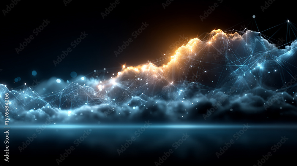 Poster abstract glowing network lines connect across a dynamic digital cloudscape with vibrant light