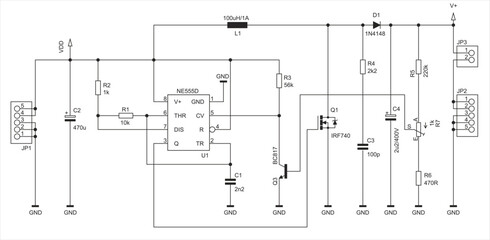 Schematic diagram of electronic device on sheet of paper. Vector drawing electrical circuit with connector,
resistor, capacitor, integrated circuit,
transistor, diode, other components.