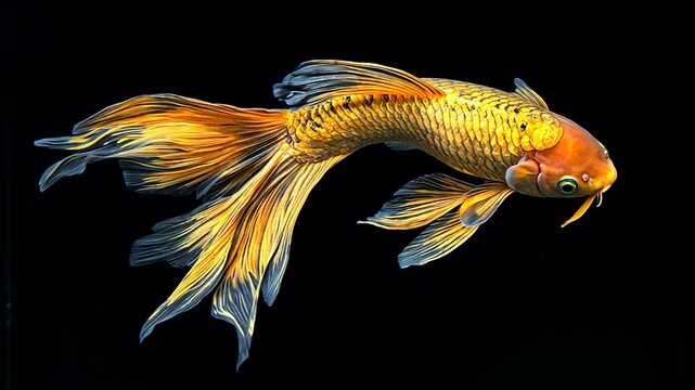 Ornate gold fish against black background