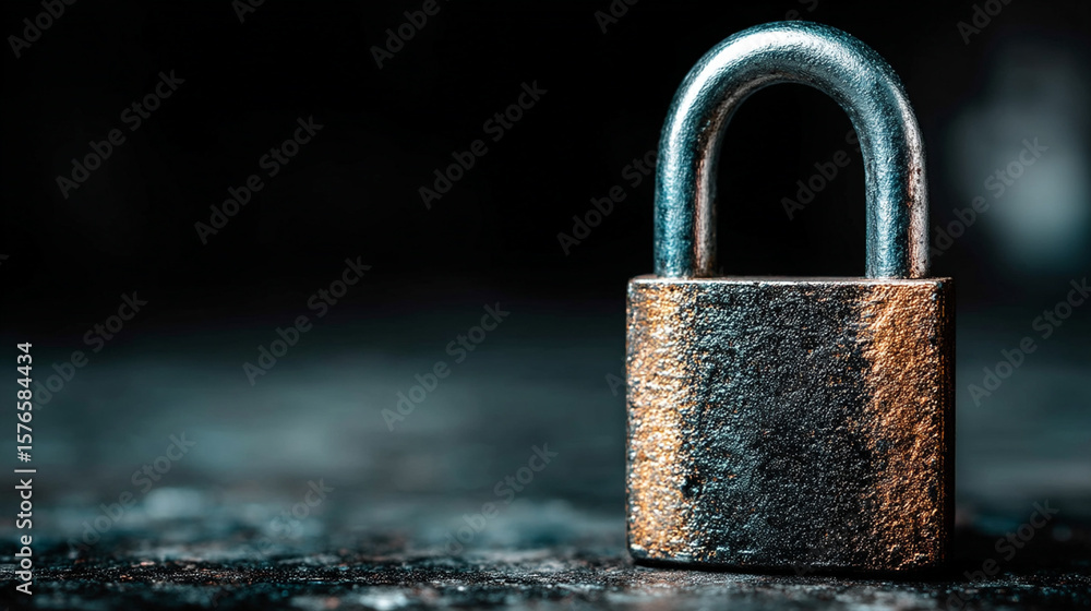 Poster A weathered metallic padlock stands as a symbol of robust security and enduring protection in a dimly lit setting.