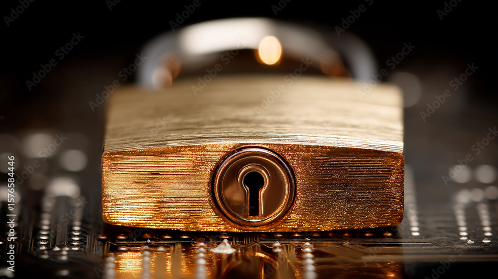 Poster golden padlock securing a digital circuit board, symbolizing robust cybersecurity and data protectio