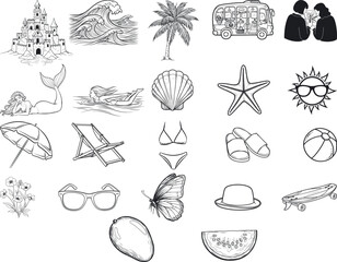Hand drawn summer beach elements bundle svg. summer tropical beach symbols . Monochromatic art summer icons. Summer vacation designs bundle