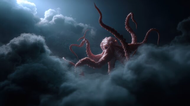 Cosmic horror tentacled entity in a dark atmosphere with mysterious clouds - Powered by Adobe