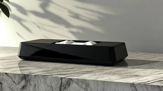 Black tissue box on a marble surface