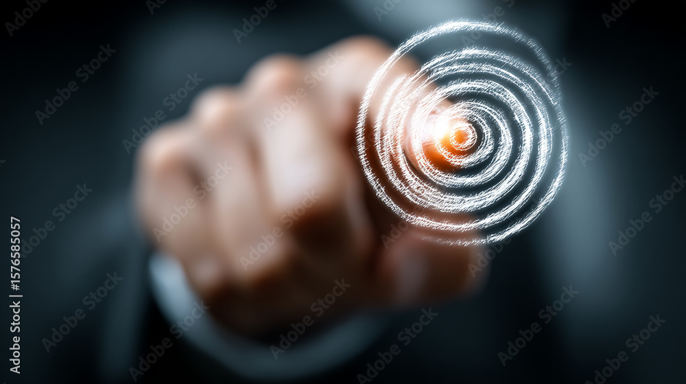 Poster human hand activates a luminous virtual interface, highlighting concepts of innovation and precise t