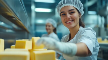 Smiling woman worker handling cheese blocks in dairy facility