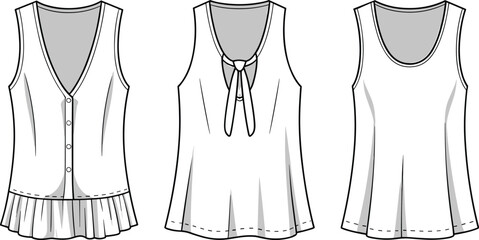 Women's Sleeveless Tops CAD Drawing Flat Vector Fashion Template Collection with Diverse Styles.