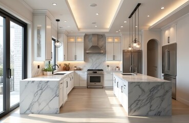 Modern luxury kitchen interior features white cabinets, marble countertops. Stainless steel appliances, including large refrigerator, oven, complement space. Pendant lights hang above island, adding