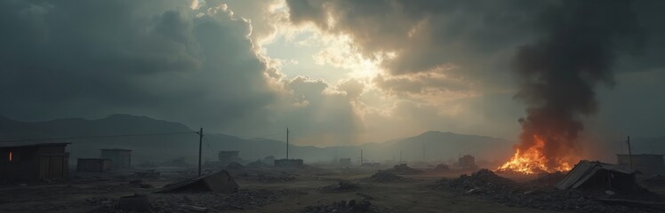 Barren landscape featuring destroyed buildings, debris under dramatic sky with sun rays breaking through dark clouds. Large fire burns intensely, casting orange light on desolate scene of war zone,