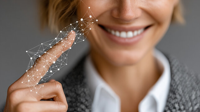 A woman's finger connects with an intricate glowing network, illustrating the future of interactive digital technology.