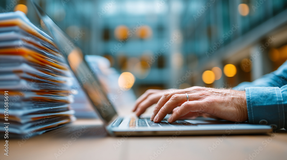 Poster a professional's hands efficiently navigate a laptop keyboard next to a towering stack of traditiona