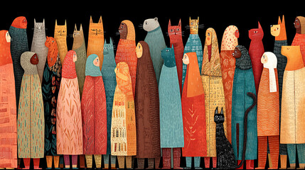 A vibrant gathering of diverse cat-like figures and people standing together in a whimsical illustration