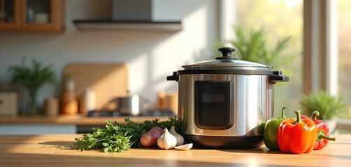 Stainless steel pot on kitchen counter with fresh vegetables bell peppers, broccoli, garlic, ginger. Red pepper visible on right side of counter. Modern kitchen setup with multi-function pressure