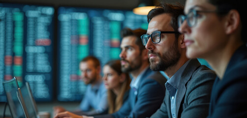 Financial analysts collaborate in stock market meeting, analyzing data on monitors. Teamwork, strategy, concentration on growth opportunities drive discussion. Expertise, planning key to corporate