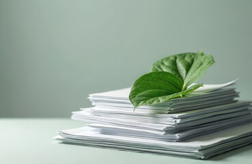 Fototapeta premium Green leaf rests on stack of policy papers climate change concerns, environmental sustainability. Clean simple composition highlights nature conservation, ecology, government regulations, legislative