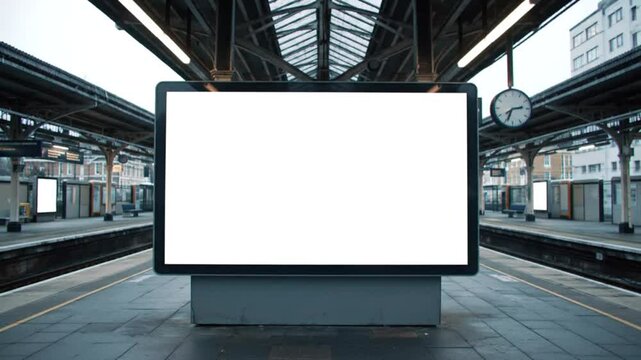 Billboard with blank white screen at train station platform under metal roof