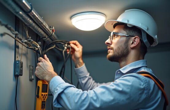 Electrician installs wiring for ceiling light, holding cable with testing device. Pro wears hard hat glasses. Man works in dark interior, busy with electrical repair installation job.