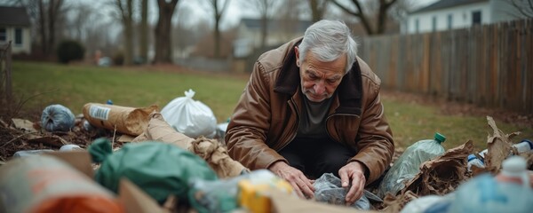 Elderly man sorting recyclables in yard. Examines plastic bags, bottles, focusing on environmental care. Scene highlights personal responsibility for waste management, eco-awareness, promoting