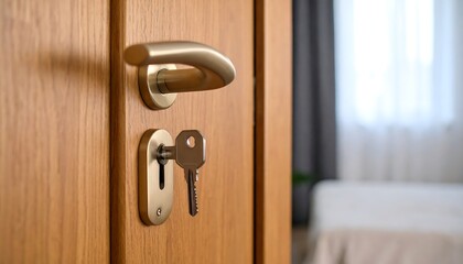 Obraz premium Wooden door with handle, keyhole, and keys