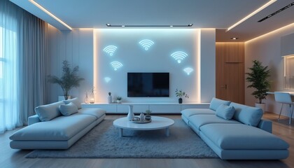 Futuristic living room smart home automation with glowing WiFi symbols on wall. Modern interior features comfortable sofas, sleek coffee table, integrated entertainment system. Seamless integration