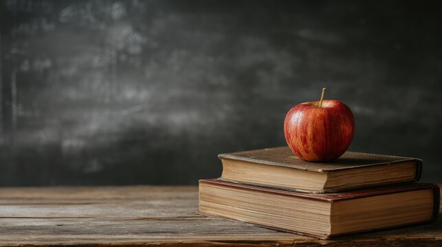 Classic Apple Resting on a Stack of Books on a Teachers Desk With a Chalkboard Behind