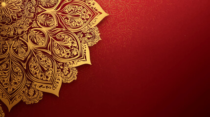 Golden Ornate Indian Mandala Vector on Red Background with Copy Space for Elegant Presentations