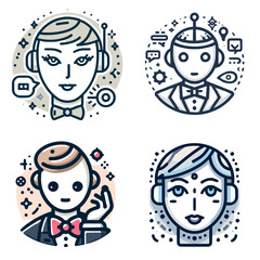 Chatbot face. Digital avatars with headphones and bow ties in minimalistic style  