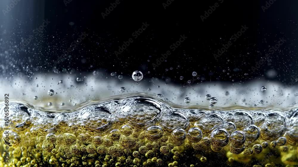 Poster artistic closeup of bubbles ascending in a glass as a fizzy beverage fills it emphasizing the sparkl