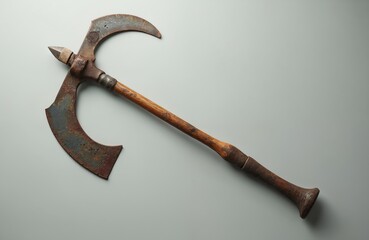 Top view of old rusty metal tool with serrated blade, wooden handle. Antique agriculture equipment, represents farming history, vintage craftsmanship. Curved semicircular steel blade shows wear, tear.