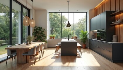 Fototapeta premium Contemporary kitchen features sleek dark cabinets, wood accents, dining area in monochrome grays. Minimalist interior design with clean lines. Natural light streams through large windows,