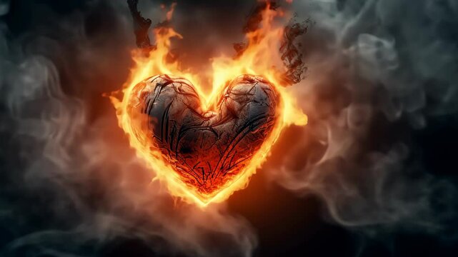 Burning Heart: Heart on fire, intense flame and smoke create passion and destructive force, a concept representing love and pain.