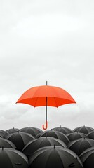 Bright Red Umbrella Stands Out Among Monochrome Black Umbrellas