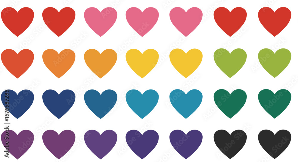 Poster colorful heart shapes in various colors arranged in grid pattern