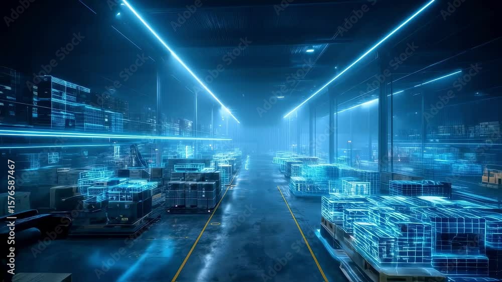 Poster a neonlit futuristic warehouse scene blending innovative robotics and digital overlays illustrating 