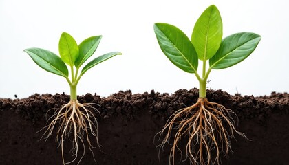 Two seedlings with visible roots in soil. One seedling roots are exposed, while the other are hidden in dirt. Slightly different sizes, growth stages, diagonal position.