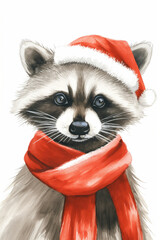 Watercolor illustration of a cute raccoon wearing a red Santa hat and scarf, for Christmas and winter season design.