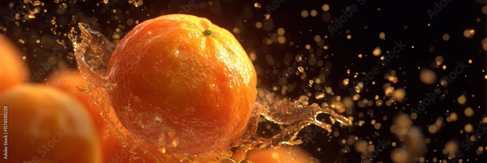 Poster juicy tangerine explodes in slow motion with droplets flying in a dark background creating a stunnin
