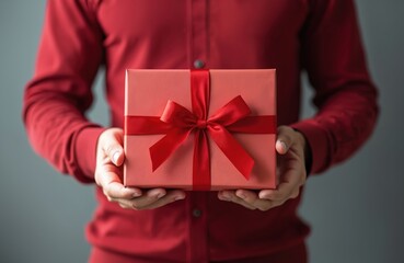 Young delivery man in red shirt stands against gray background holding vibrant red gift box with red ribbon and bow. He looks happy and engaged, focused on delivery of package.