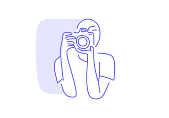  line art illustration of a person taking a photo with a camera, symbolizing photography, creativity, storytelling, and capturing life moments