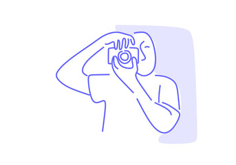  line art illustration of a person taking a photo with a camera, symbolizing photography, creativity, storytelling, and capturing life moments