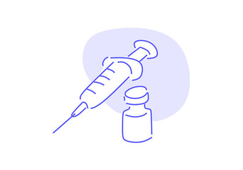 minimalist line art illustration of a syringe and vaccine vials, representing immunization, healthcare, protection, and medical treatment. 