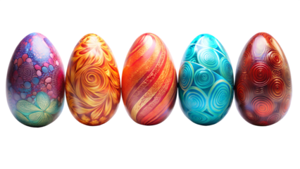 Five Decorated Easter Eggs on Transparent Background