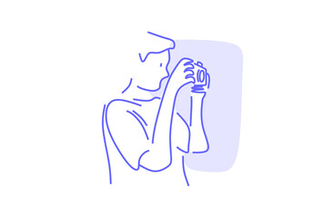  line art illustration of a person taking a photo with a camera, symbolizing photography, creativity, storytelling, and capturing life moments