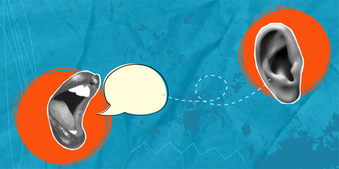 Trendy halftone pop art collage. Open mouth speaking with speech bubble moving towards human ear on color background. Communication and listening concept