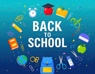 Flat design Back to School banner with vivid gradient, surrounded by school supplies such as scissors, apple, notebook, pencil, globe, and textbook illustrations